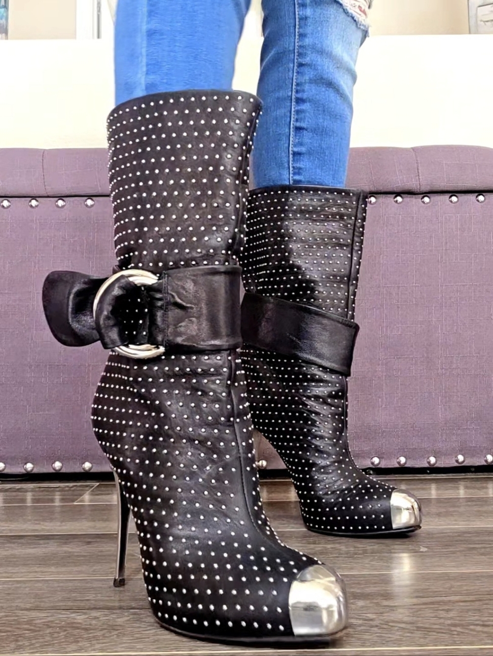 Giuseppe Zanotti Black Leather Silver Studded Buckle Stiletto Boots - EU 39